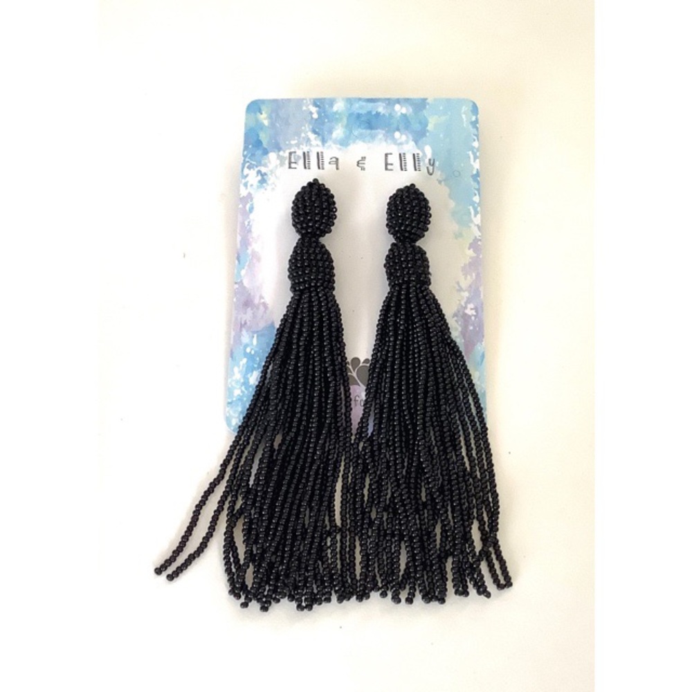 Black Beaded Tassel Drop Earrings